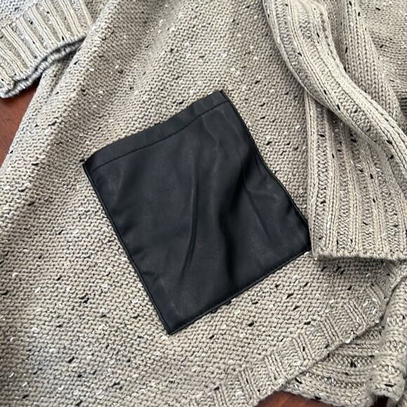 Yaira Taupe Flecked Cardigan Sweater with Black Faux Leather Accents Size Large - Picture 6 of 11